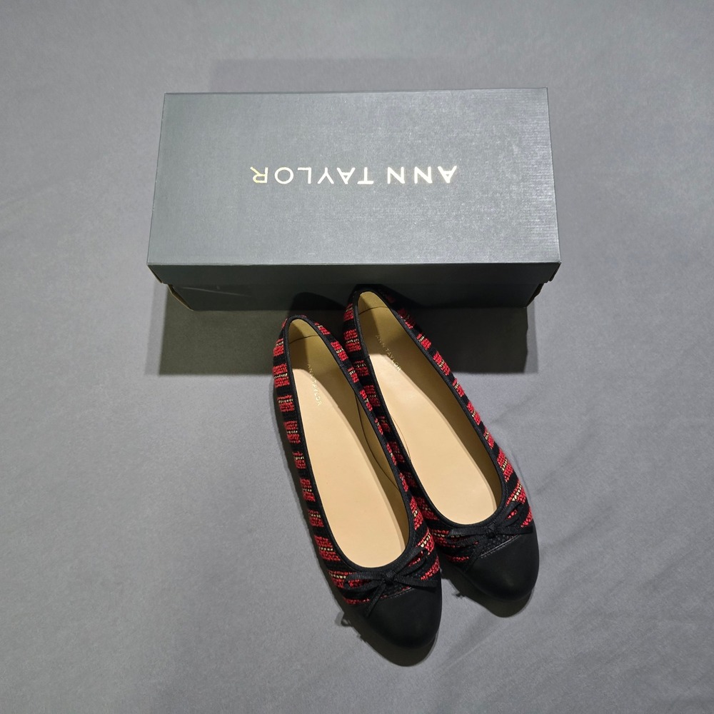 Ann Taylor Cap Toe Tweed Ballet Flat Women 9 Gingham Red Metallic 826101